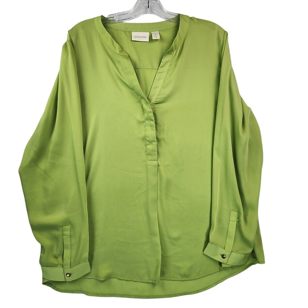 Chico's 2 Lime Green Satin V-Neck Tunic Blouse Long Sleeve Silky Workwear Career